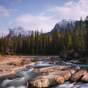 Превью обои камни, поток, деревья, горы