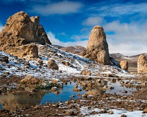 Превью обои камни, пустота, холод, снег, лужа