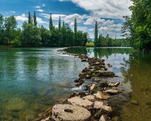 Превью обои камни, река, деревья, пейзаж