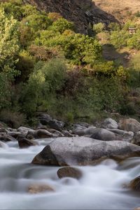 Превью обои камни, река, долгая выдержка, пейзаж