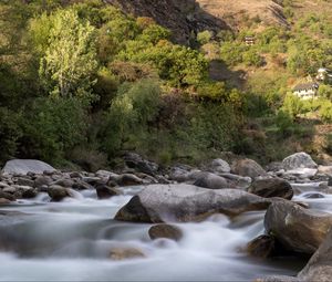 Превью обои камни, река, долгая выдержка, пейзаж