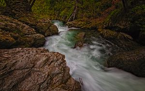 Превью обои камни, река, пена, длинная выдержка