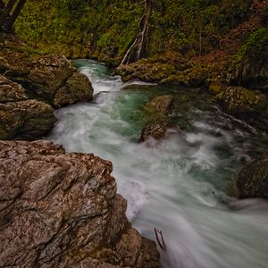 Превью обои камни, река, пена, длинная выдержка