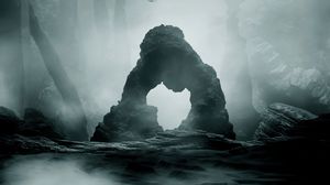 Превью обои камни, скалы, арт, туман, вода