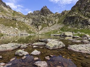 Превью обои камни, скалы, озеро, пейзаж, природа