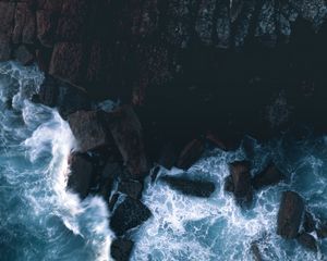 Превью обои камни, скалы, вид сверху, пена, море