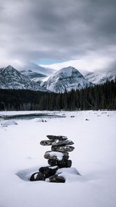 Превью обои камни, снег, горы, лес, деревья