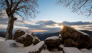 Превью обои камни, солнце, снег, зима, ветки, природа