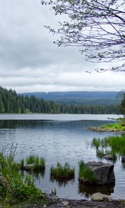 Превью обои камни, трава, река, лес, горы, облака