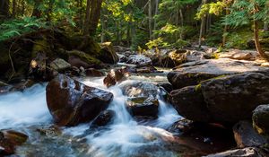 Превью обои камни, вода, ручей, деревья, природа