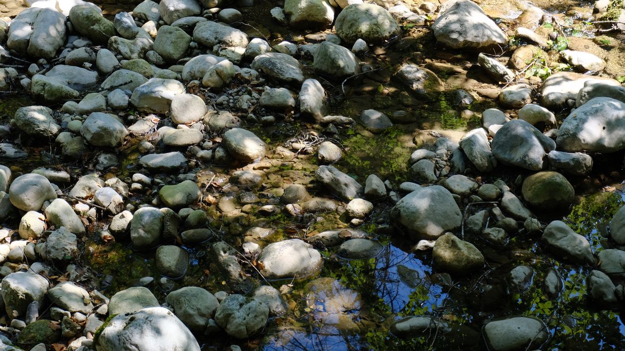 Обои камни, вода, тени, ручей, мох