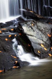 Превью обои камни, вода, водопад, брызги, листья