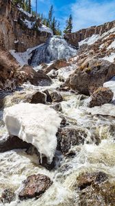 Превью обои камни, водопад, лед, снег, природа