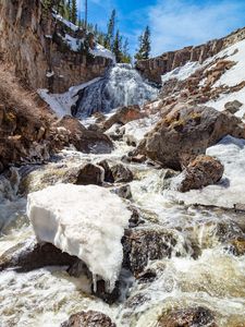 Превью обои камни, водопад, лед, снег, природа