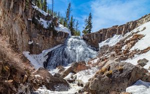 Превью обои камни, водопад, лед, снег, природа