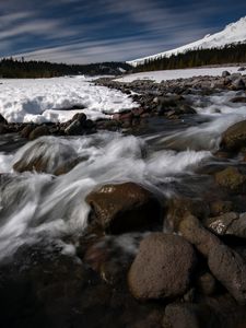 Превью обои камни, водопад, поток, деревья, снег