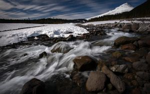 Превью обои камни, водопад, поток, деревья, снег