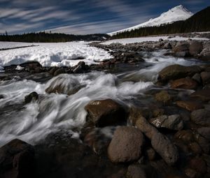 Превью обои камни, водопад, поток, деревья, снег