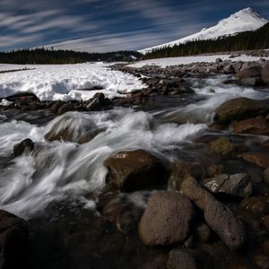 Превью обои камни, водопад, поток, деревья, снег