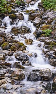 Превью обои камни, водопад, поток, вода, растения