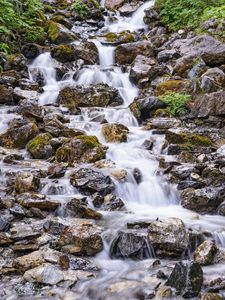 Превью обои камни, водопад, поток, вода, растения