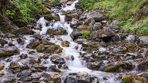 Превью обои камни, водопад, поток, вода, растения