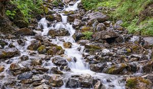 Превью обои камни, водопад, поток, вода, растения