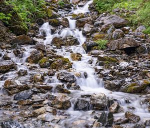 Превью обои камни, водопад, поток, вода, растения