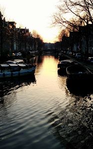 Превью обои канал, лодки, закат, амстердам, здания