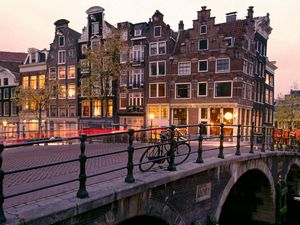 Превью обои канал, восход солнца, амстердам, нидерланды