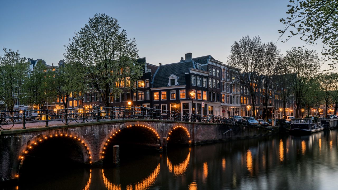 Обои канал, здания, мост, кайзерграхт, амстердам