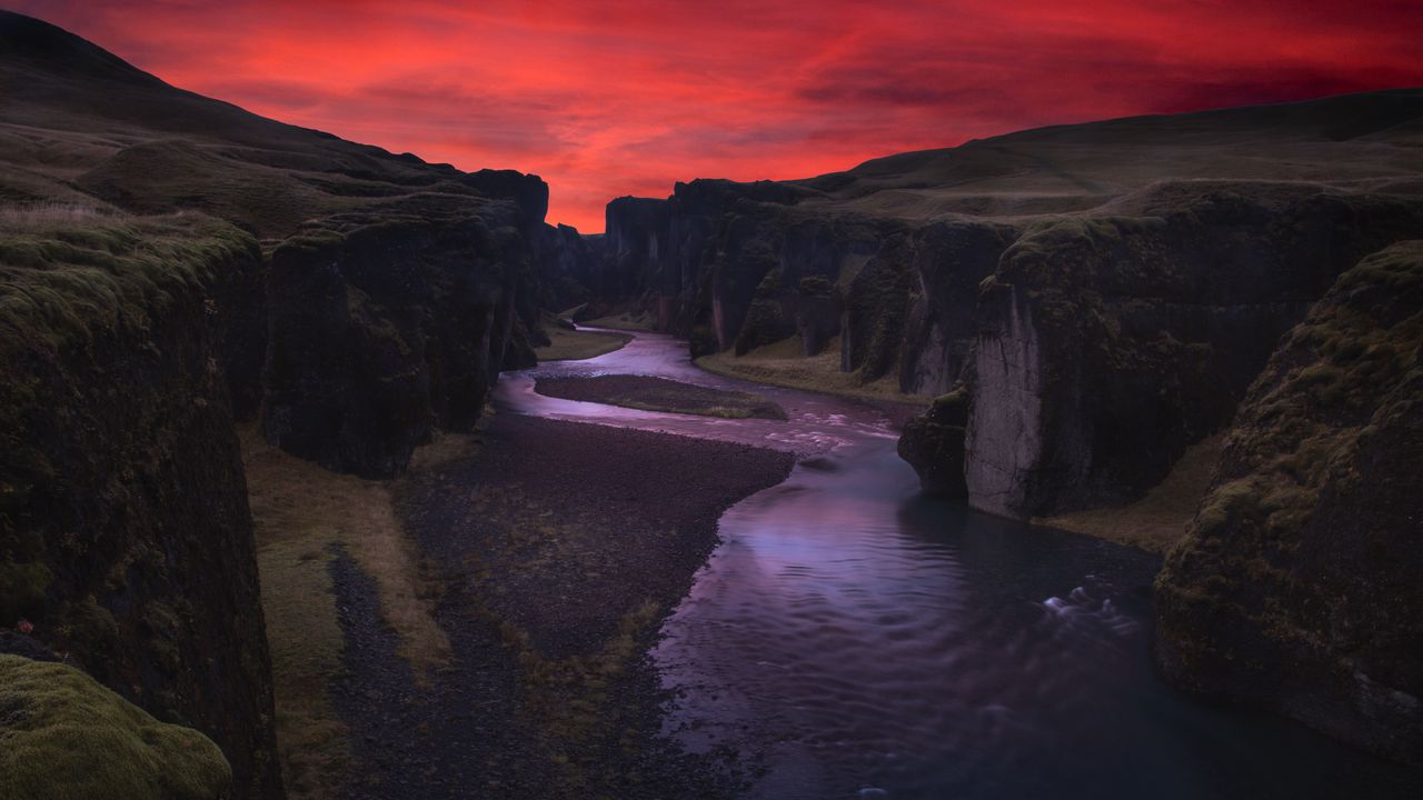 Обои каньон, река, ночь, фьядрарглйуфур, исландия