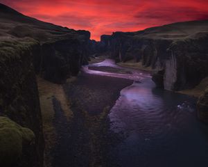 Превью обои каньон, река, ночь, фьядрарглйуфур, исландия
