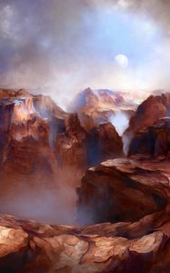 Превью обои каньон, скалы, луна, туман, арт