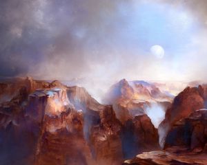 Превью обои каньон, скалы, луна, туман, арт