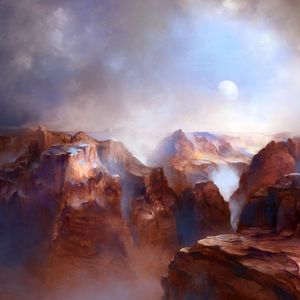 Превью обои каньон, скалы, луна, туман, арт