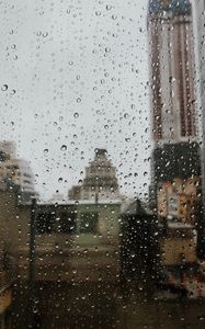 Превью обои капли, дождь, окно, город, стекло