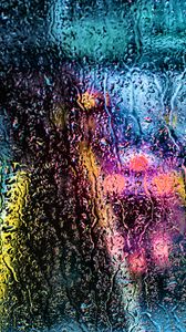 Превью обои капли, дождь, разноцветный, стекло