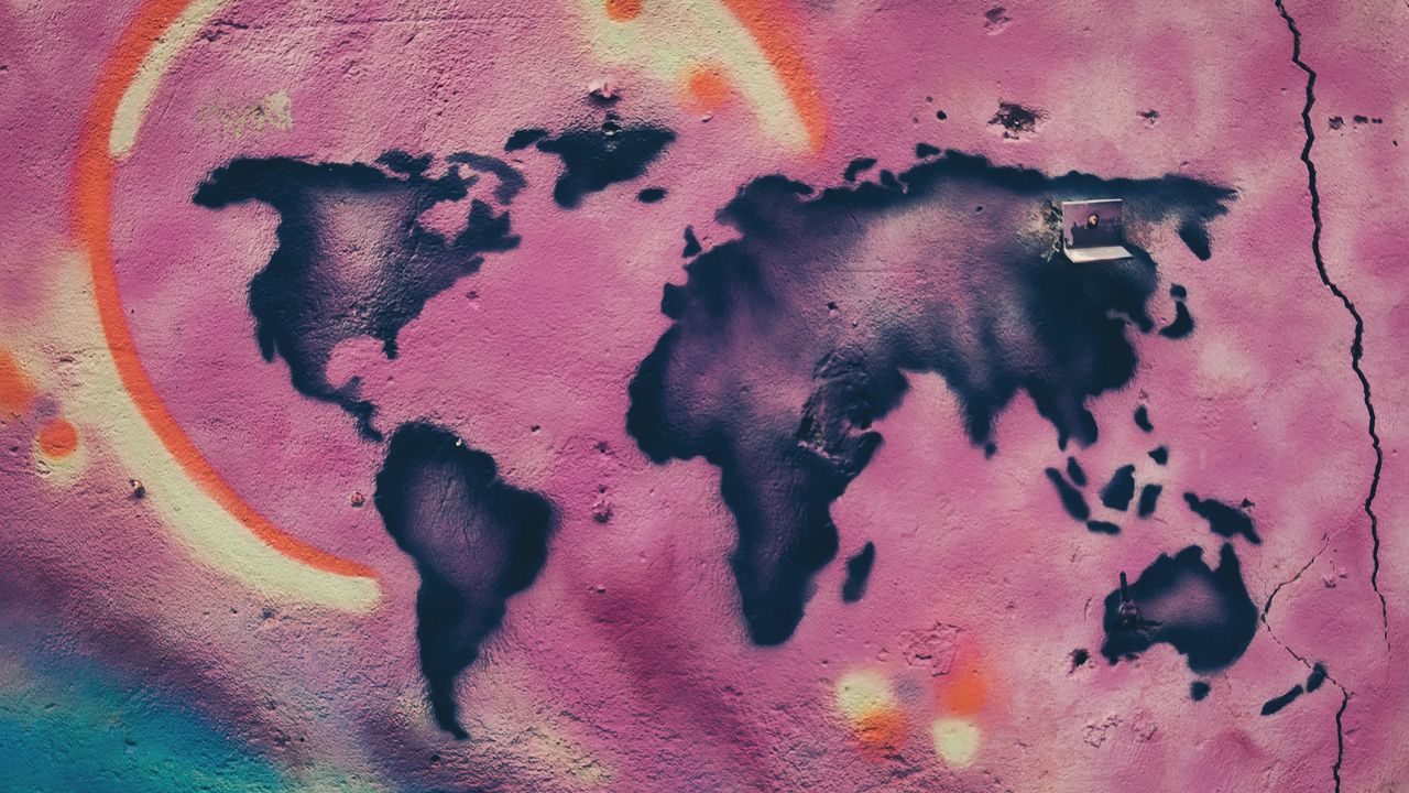 Обои карта, континенты, граффити, стена, краска, уличное искусство