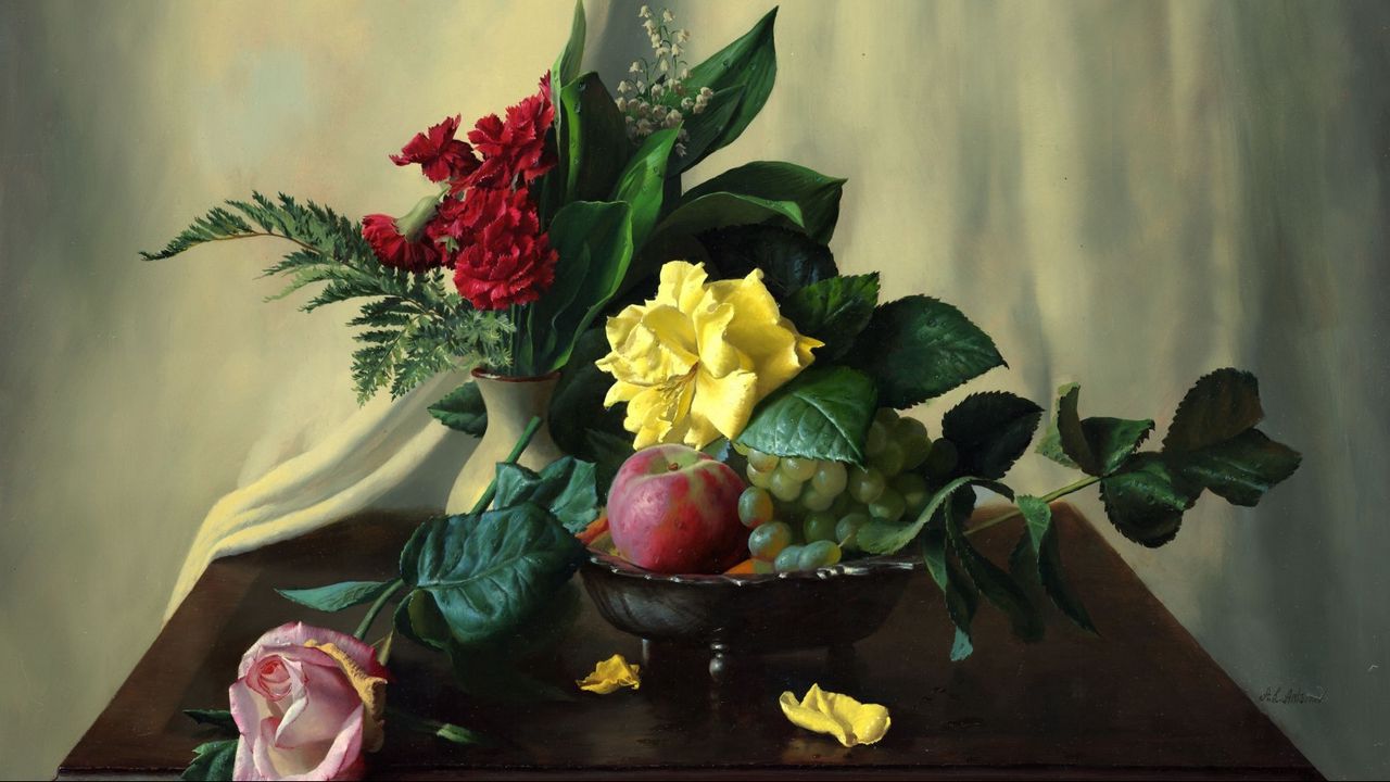 Обои картина, натюрморт, столик, цветы, фрукты, ягоды, розы, гвоздики, яблоки, ландыши, папоротник