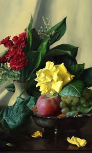 Превью обои картина, натюрморт, столик, цветы, фрукты, ягоды, розы, гвоздики, яблоки, ландыши, папоротник