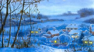 Превью обои картина, зима, село, дома, ночь, месяц, снег