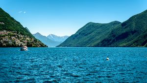 Превью обои катер, горы, море, природа