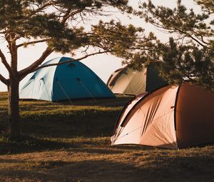 Превью обои кемпинг, палатки, деревья, отдых