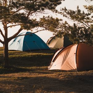 Превью обои кемпинг, палатки, деревья, отдых