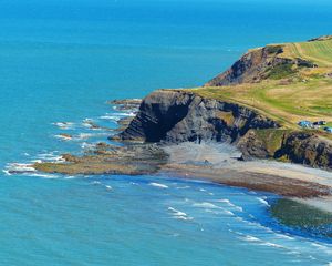 Превью обои кередигион, уэльс, clarach bay, возвышенность, залив, волны