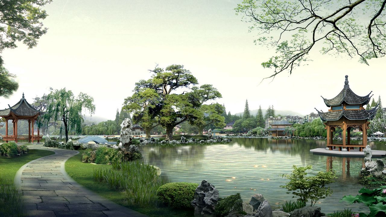 Обои китай, природа, здание, пагода, озеро, фотошоп
