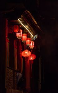 Превью обои китайские фонарики, фонарики, красный, пагода, ночь