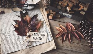 Превью обои кленовые листья, осень, надпись, бумага, текст, эстетика