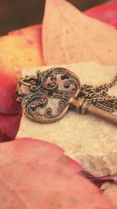 Превью обои ключ, металл, листья, осень, красные, цепочка, камень, доска